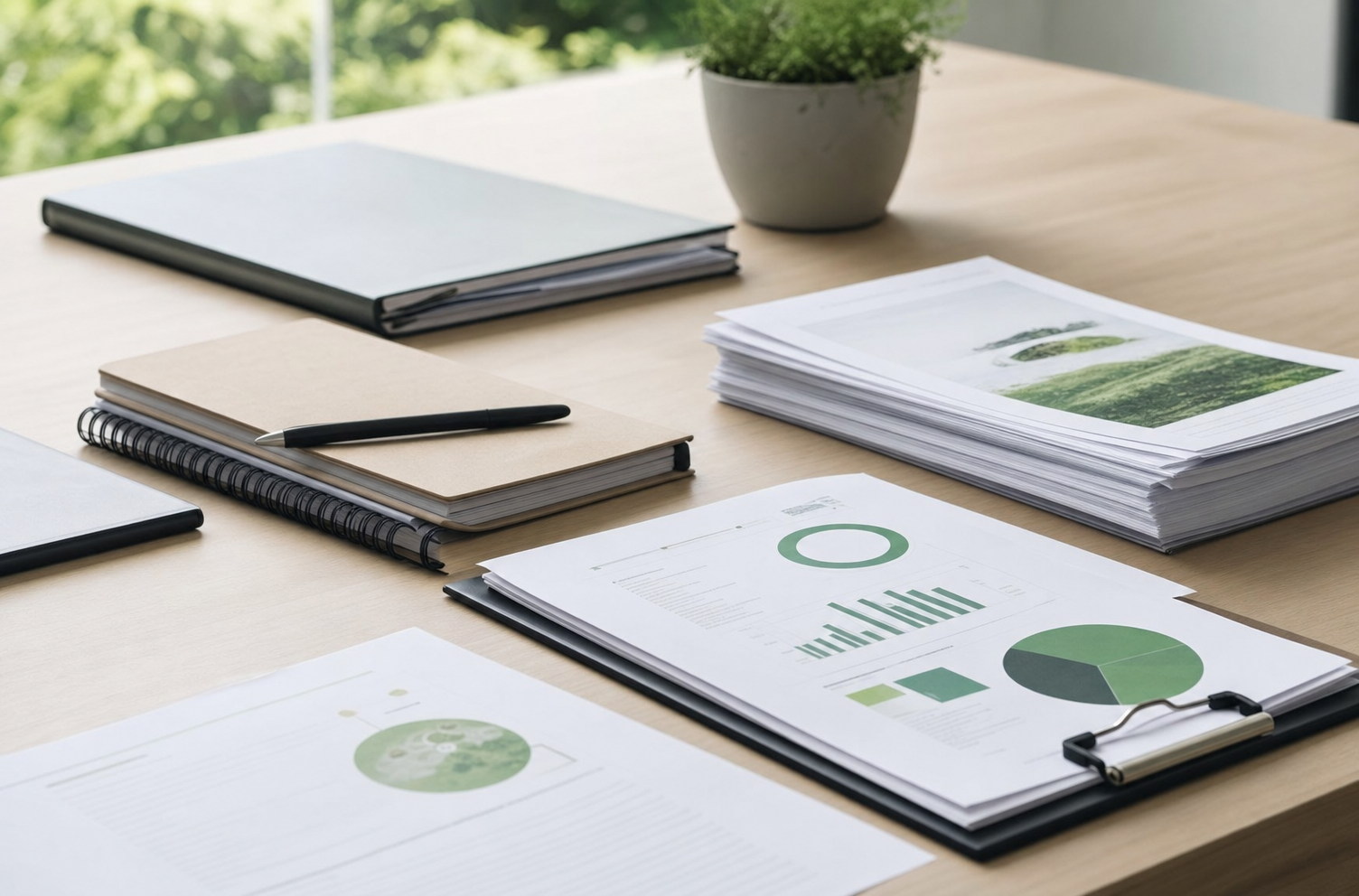 Informes y herramientas de planificación ambiental sobre una mesa de trabajo